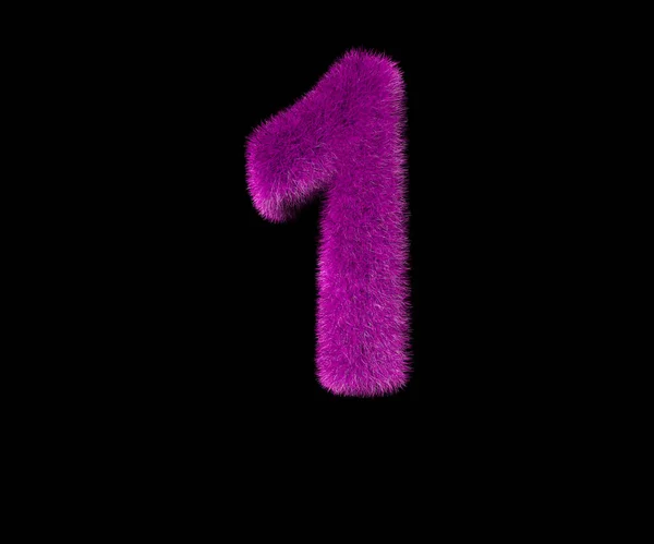 Ksměšné móda růžové Chlupaté písmo izolované na černém čísle 1, módní koncept 3D ilustrace symbolů — Stock fotografie