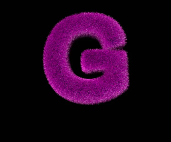 Lovely glamorous purple hairy font isolated on black - letter G, glamorous concept 3D illustration of symbols — Stock Photo, Image