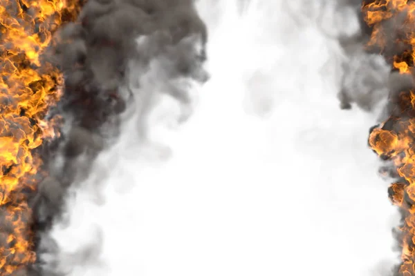 Fogo selvagem ardente enevoado com quadro de fumaça densa isolado em branco - linhas de fogo de lados esquerda e direita, superior e inferior estão vazias - fogo ilustração 3D — Fotografia de Stock