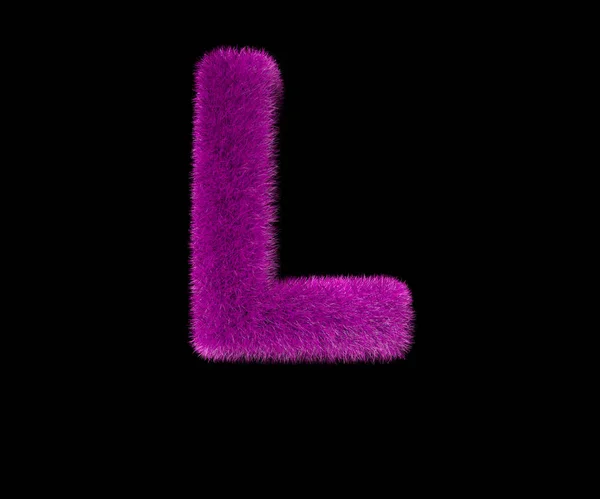 Letter L van mooie luxe paarse Shaggy lettertype geïsoleerd op zwart, mooi concept 3D illustratie van symbolen — Stockfoto