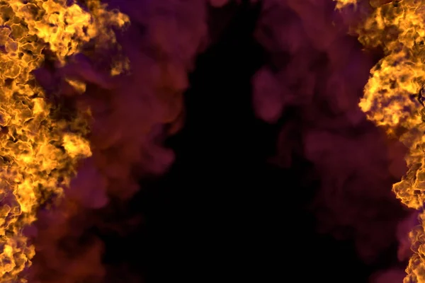 Lava ardente com estrutura de fumaça pesada isolada em fundo preto - linhas de fogo de lados esquerdo e direito, superior e inferior estão vazias - fogo ilustração 3D — Fotografia de Stock