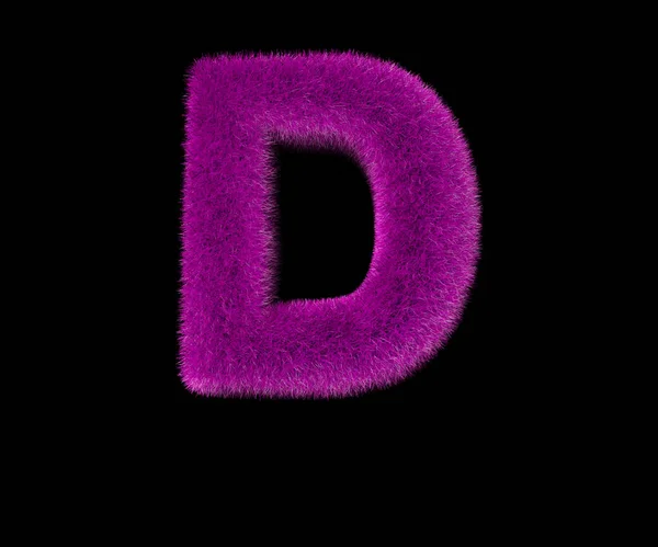 Lettre D de mode ridicule alphabet laineux violet isolé sur noir, concept ridicule illustration 3D des symboles — Photo