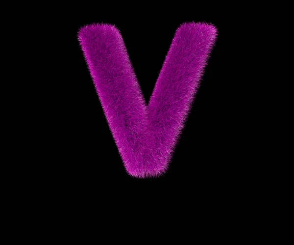 Забавный роскошный фиолетовый волосатый алфавит, выделенный на черной букве V, роскошная концепция 3D иллюстрация символов — стоковое фото