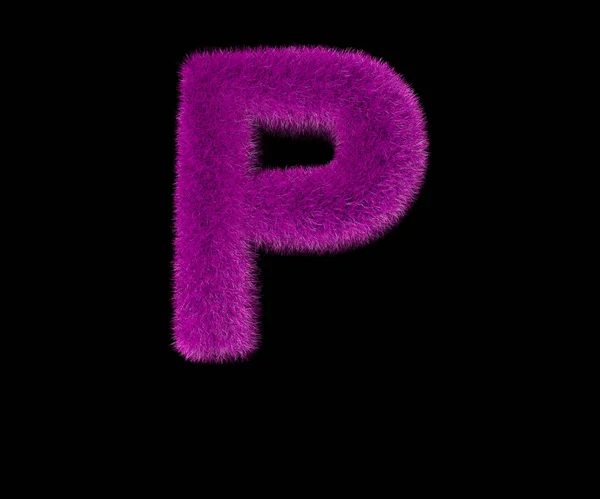 Letter P of funny fashion pink wooly alphabet isolated on black, funny concept 3D illustration of symbols — Stock Photo, Image