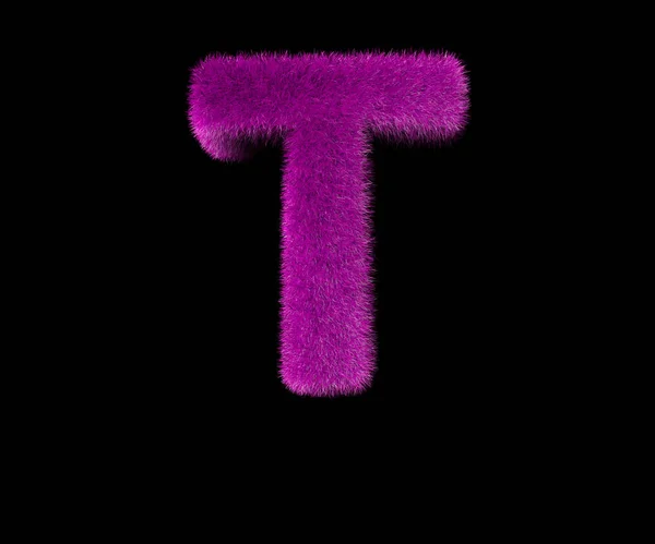 Dear glamorous pink hairy alphabet isolated on black - letter T, glamorous concept 3D illustration of symbols — Stock Photo, Image