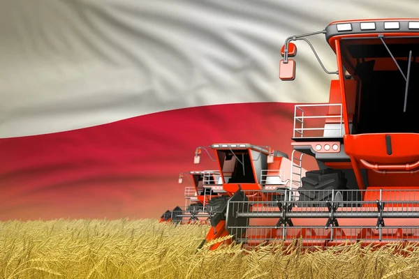 Промышленная 3D иллюстрация 3 красных современных комбайнов с флагом Польши на пшеничном поле - близкий обзор, концепция земледелия — стоковое фото