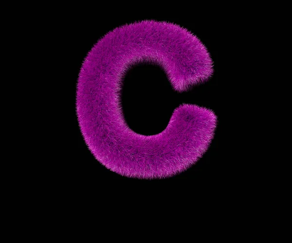 Carino lusso viola shaggy alfabeto isolato su nero - lettera C, concetto di lusso 3D illustrazione dei simboli — Foto Stock
