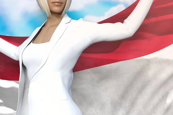 Sexy mujer de negocios sostiene la bandera de Indonesia en las manos detrás de su espalda en el fondo del cielo azul - concepto de la bandera 3d ilustración — Foto de Stock