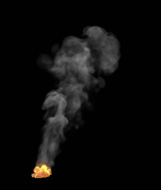 siyah arka plan izole beyaz duman ile yanan turist kampı şömine, tasarım yangın 3d illüstrasyon