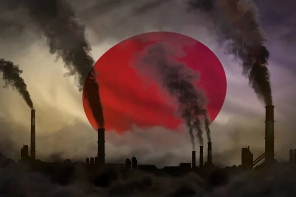 暗い汚染、気候変動の概念との戦い -日本国旗背景に重い煙の植物パイプの産業3Dイラスト — ストック写真