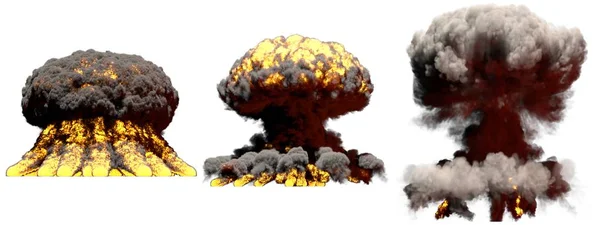 3D απεικόνιση του έκρηξη - 3 μεγαλα διαφορετικές φάσεις φωτιά μανιτάρι σύννεφο έκρηξη της βόμβας fusion με καπνού και φλογών που απομονώνονται σε λευκό — Φωτογραφία Αρχείου