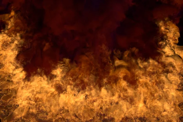 Fiammeggiante misterioso fuoco selvaggio su sfondo nero, mezza cornice con fumo denso - fuoco dagli angoli sinistro e destro e in basso - fuoco 3D illustrazione — Foto Stock