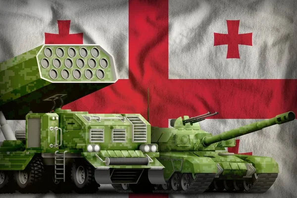 Georgia heavy military armored vehicles concept on the national flag background. 3d Illustration