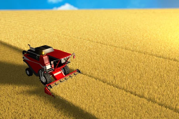 Ilustração 3D industrial de colheitadeira rural vermelha trabalhando em grande campo amarelo vista de cima no estilo de disparo de drones — Fotografia de Stock