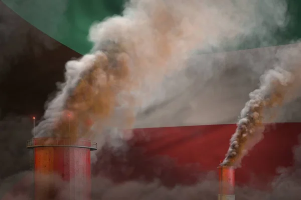 Humo pesado de tuberías de plantas en la bandera de Kuwait - concepto de calentamiento global, fondo con lugar para su texto - ilustración industrial 3D — Foto de Stock