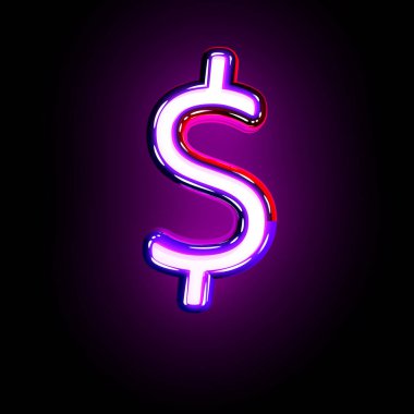 Mor kızdırma neon alfabe - dolar - peso işareti siyah arka plan, sembollerin 3d illüstrasyon izole