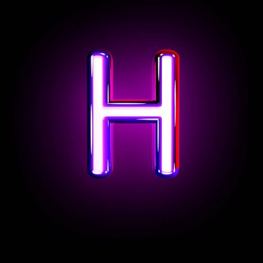 Mor parlayan neon yazı tipi - siyah arka plan üzerinde izole H harfi, sembollerin 3d illüstrasyon