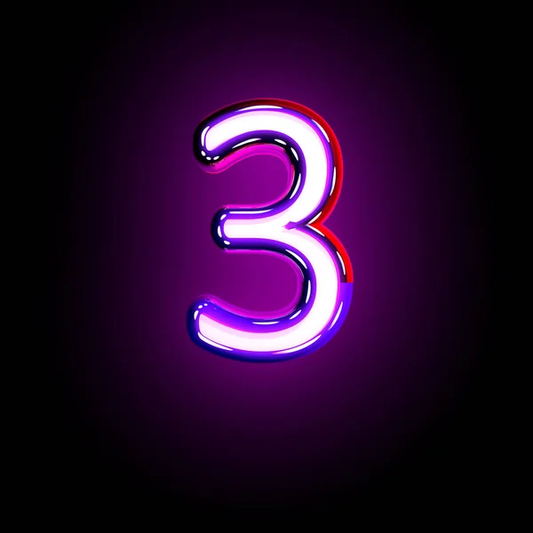 Alfabeto de néon brilhante roxo - número 3 isolado em fundo preto, ilustração 3D de símbolos — Fotografia de Stock