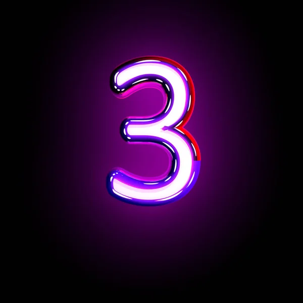 Purple Shining Neon Alphabet-nummer 3 isolerad på svart bakgrund, 3D illustration av symboler — Stockfoto