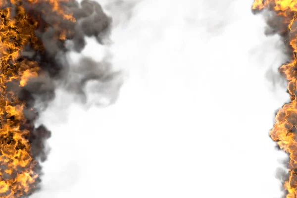 Beyaz izole ağır duman çerçevesi ile gizem parlayan vahşi yangın - yanları sol ve sağ, üst ve alt tan yangın hatları boş - yangın 3d illüstrasyon — Stok fotoğraf