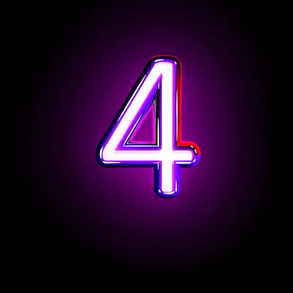 紫色闪亮的霓虹灯字母 - 数字4隔离在黑色背景，符号的3D插图 — 图库照片