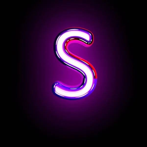 Purple glowing neon font huruf S terisolasi pada latar belakang hitam, ilustrasi 3D dari simbol — Stok Foto