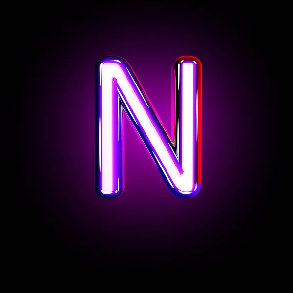 Caratteri fluorescenti viola - lettera N isolata su sfondo nero, illustrazione 3D di simboli — Foto Stock