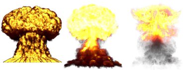 Patlama 3d illüstrasyon - 3 büyük çok yüksek detaylı farklı aşamaları duman ve yangın beyaz izole ile nükleer bomba mantar bulut patlama