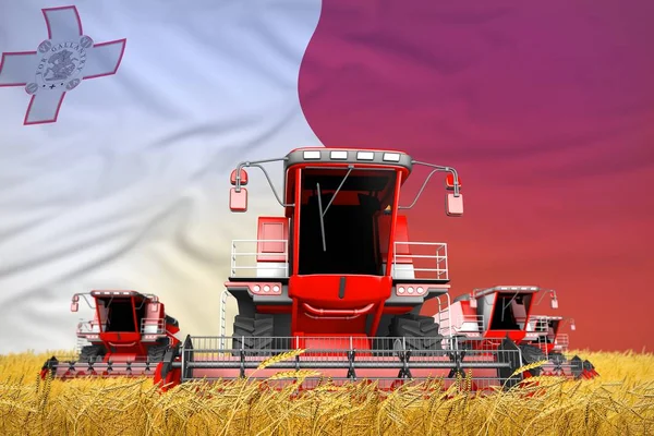 4 moissonneuses batteuses-batteuses rouge vif sur le champ de la ferme avec fond de drapeau, concept d'agriculture Malte illustration 3D industrielle — Photo
