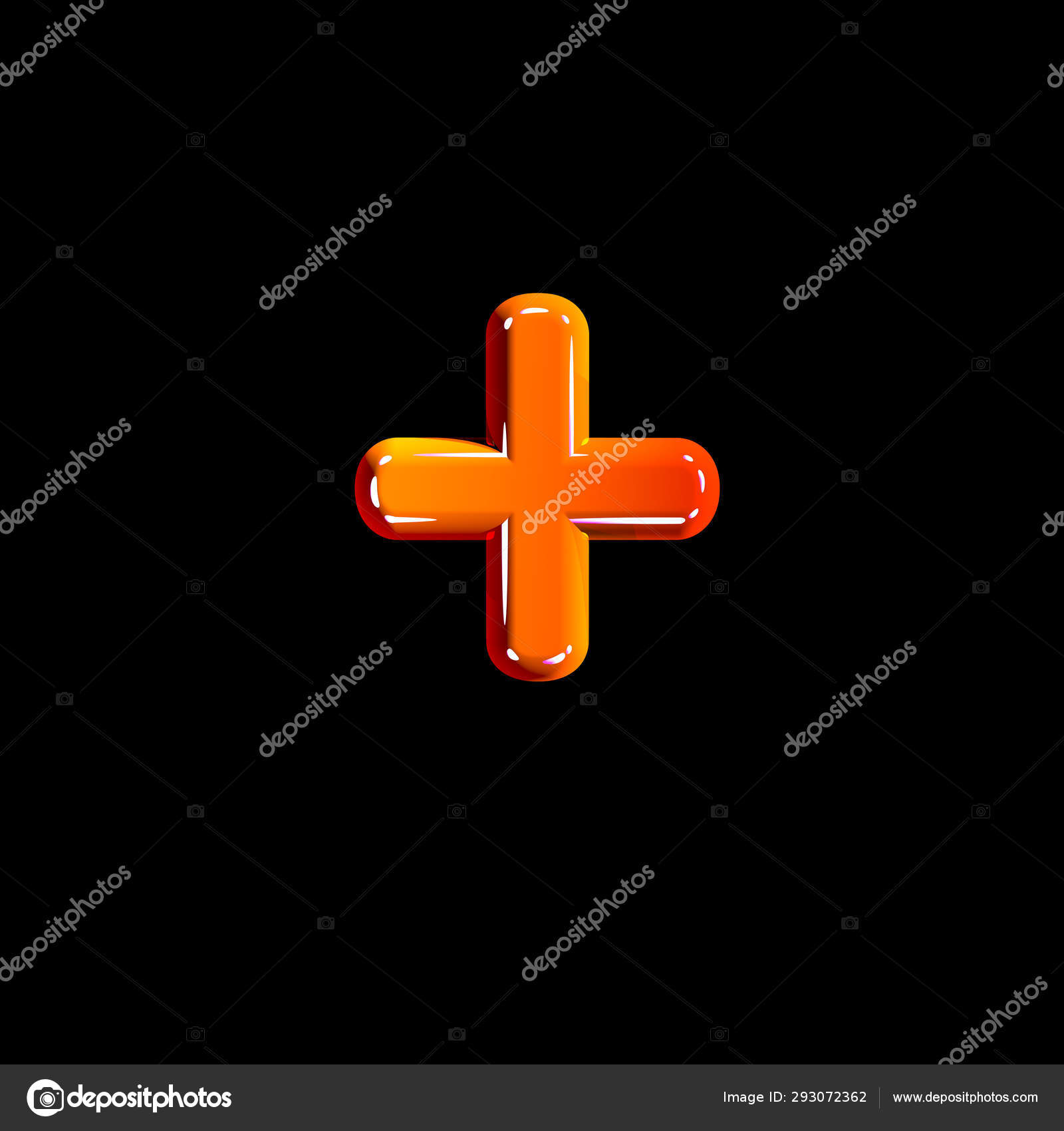 Plus of plastic orange polished alphabet isolated on black background