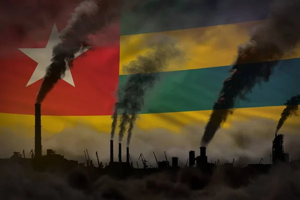 dense smoke of industrial pipes on Togo flag - global warming concept, background with place for your logo - industrial 3D illustration