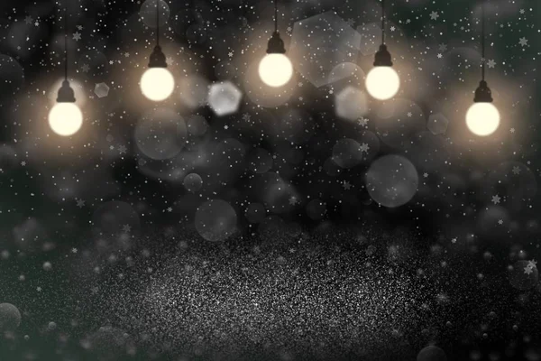 Hermosas luces de brillo brillante fondo abstracto bokeh desenfocado con bombillas y la caída de copos de nieve volar, festival textura maqueta con espacio en blanco para su contenido — Foto de Stock