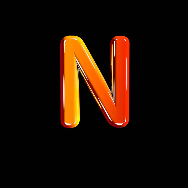 Letter N of plastic orange glossy alphabet isolated on black background - 3D illustration of symbols — Stock Photo, Image