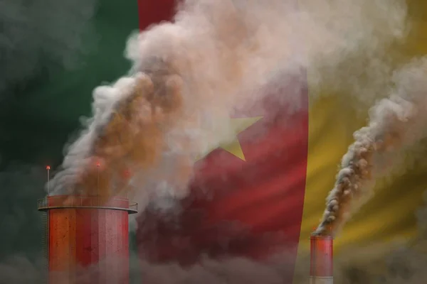 Concept de réchauffement climatique - épaisse fumée des tuyaux industriels sur fond drapeau camerounais avec espace pour votre contenu - illustration 3D industrielle — Photo
