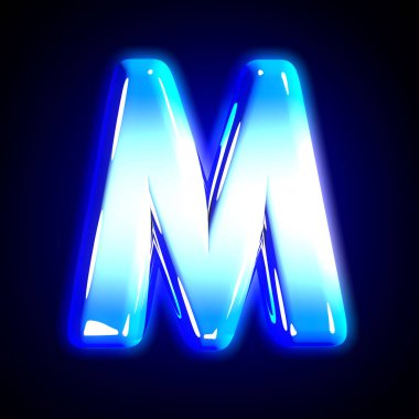 Dondurulmuş buz harfi M parıltı şenlikli mavi parlaklık yazı tipi siyah izole - sembollerin 3d illüstrasyon