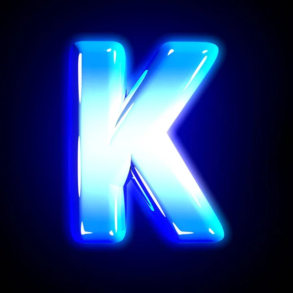 Alphabet brillant bleu givré - lettre K isolée sur fond noir massif, illustration 3D de symboles — Photo