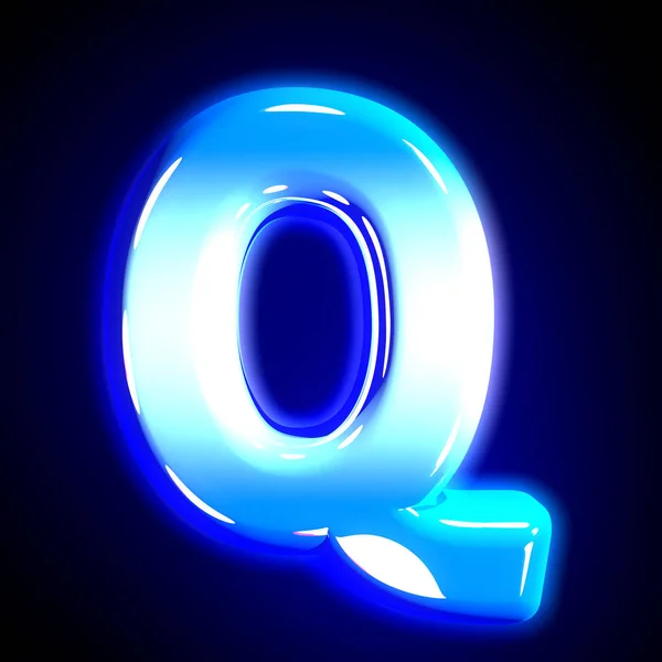 Blue frosty snow design shining alphabet - letter Q isolated on solid black background, 3D illustration of symbols — Stock Photo, Image