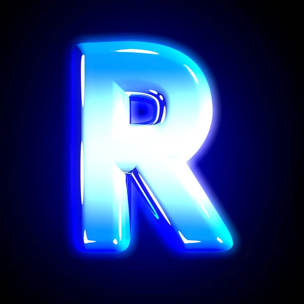 冰冻冰函 R 发光 节日蓝色光泽字体隔离在黑色 - 符号的 3D 插图 — 图库照片