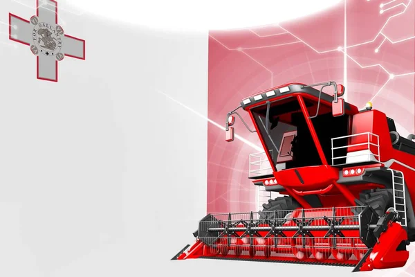 Agriculture innovation concept, red advanced grain combine harvester on Malta flag - digital industrial 3D illustration