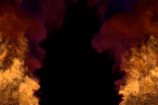 Flamme aus beiden unteren Bildecken - Feuer 3D Illustration der flammenden Explosion, Rahmen mit dunklem Rauch isoliert auf schwarzem Hintergrund — Stockfoto