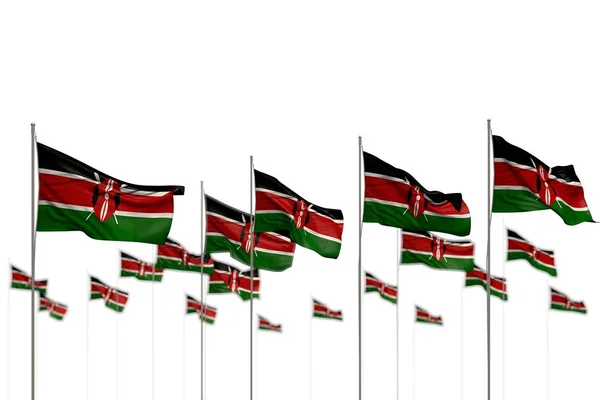 Belle bandiere isolate Kenya collocate in fila con bokeh e luogo per il testo - qualsiasi bandiera festa 3d illustrazione — Foto Stock