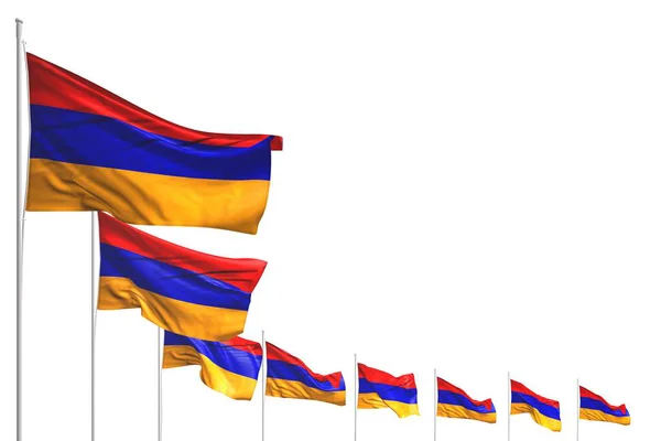 Schön viele Armenia-Flaggen diagonal isoliert auf weiß mit Platz für Inhalte platziert - jede Urlaubsfahne 3D-Illustration — Stockfoto