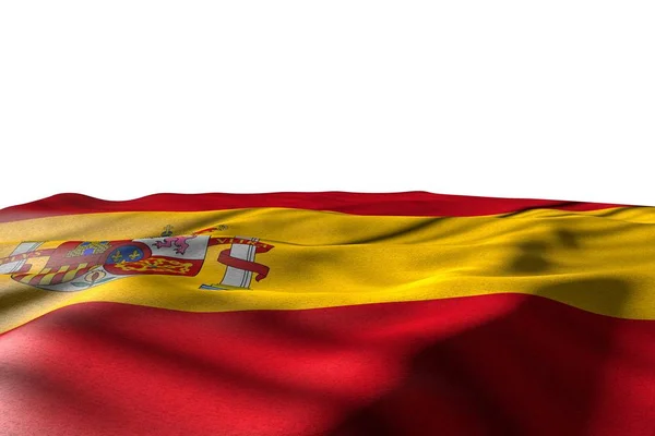 Hermosa imagen maqueta de bandera de España yacía con vista de perspectiva aislado en blanco con lugar para el contenido - cualquier ocasión bandera 3d ilustración — Foto de Stock