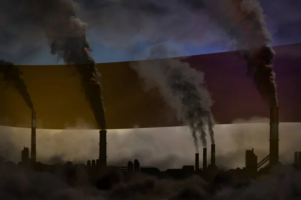 Mörka föroreningar, kampen mot klimatförändringar Concept-industriell 3D illustration av industriella rör tät rök på Estland Flag bakgrund — Stockfoto