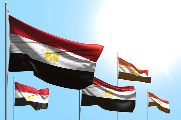 Leuke 5 vlaggen van Egypte zijn Wave op blauwe hemel achtergrond-elk feest vlag 3D illustratie — Stockfoto