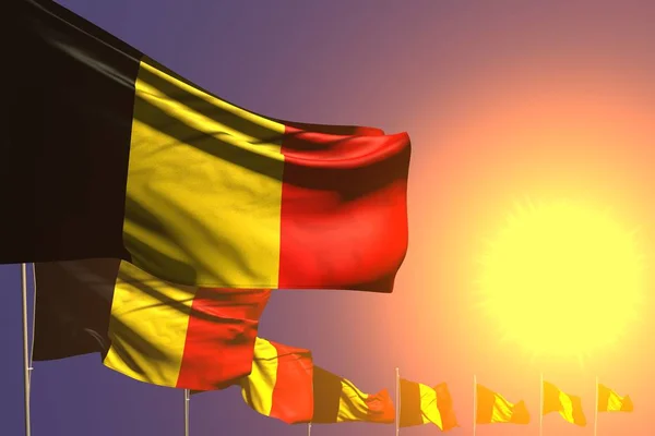 Maravillosas muchas banderas de Bélgica colocadas diagonal en la puesta del sol con lugar para el texto - cualquier ocasión bandera 3d ilustración — Foto de Stock