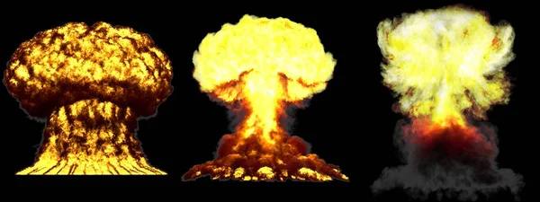 3D illustratie van explosie-3 enorme zeer gedetailleerde verschillende fasen paddestoel wolk explosie van atoombom met rook en vuur geïsoleerd op zwart — Stockfoto