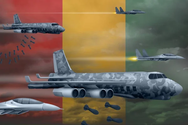 Força Aérea da Guiné bombardeia conceito de ataque. Aviões do exército da Guiné lançam bombas no fundo da bandeira. Ilustração 3d — Fotografia de Stock