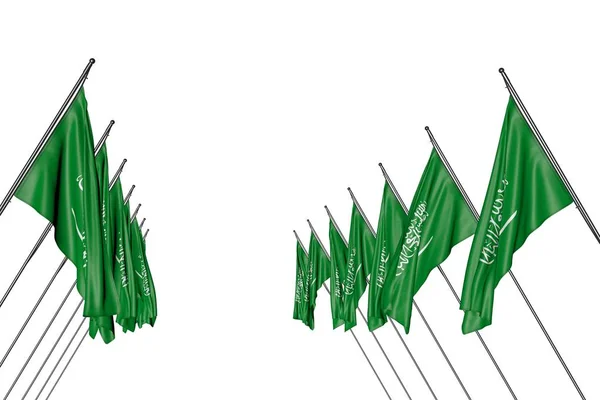 Wonderful many Saudi Arabia flags hanging on diagonal poles from left and right sides isolated on white - any feast flag 3d illustration — Stock Photo, Image