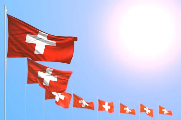 Całkiem wiele flag Szwajcaria umieszczone przekątnej z bokeh i puste miejsce na tekst-wszelkie święto flaga 3D ilustracji — Zdjęcie stockowe